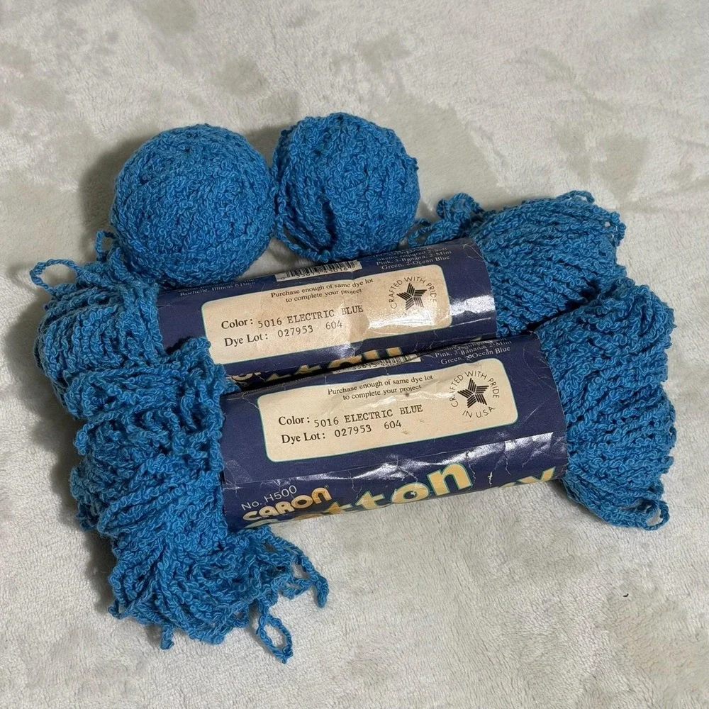 Vintage Caron Cotton Terry Yarn Lot 7 Skeins 50g 1.75 Zigzag Pink Blue 3‎ Colors